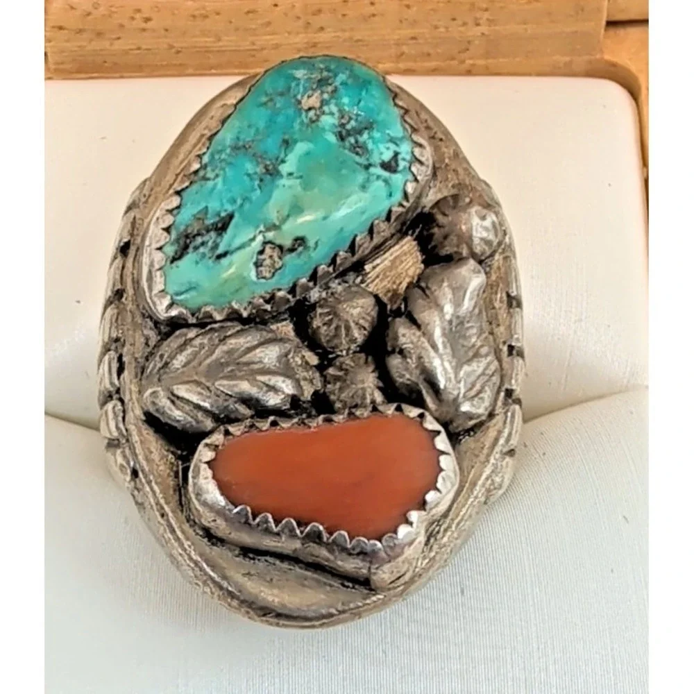 Vintage Heavy Southwestern Sterling Silver 30g Turquoise Coral Leaf Ring Sz 8.75